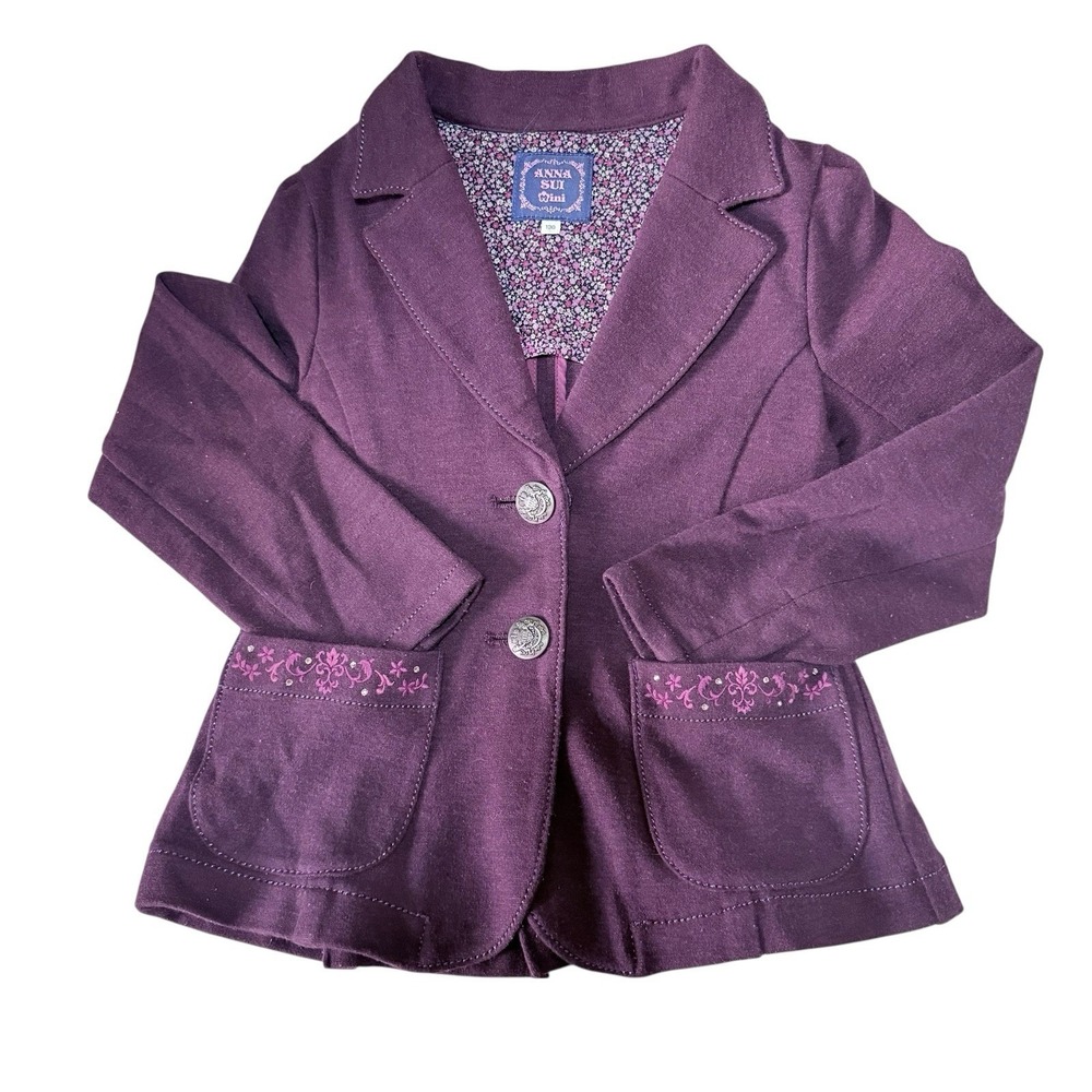 Anna Sui Mini Girls 130 (6/8) Purple Blazer Embroidered‎ Metallic Stitching Euc